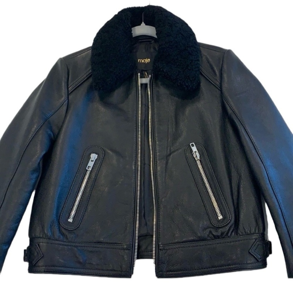Maje Basara Leather Zip Front Shearling Collar Bomber Jacket, Size FR40 (US8) - Picture 4 of 7